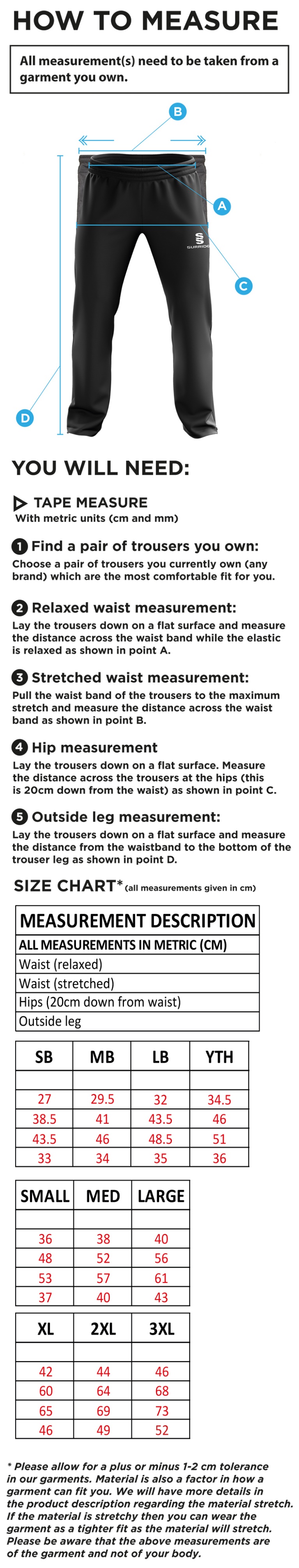 Walton le Wolds CC - Ripstop Track Pant - Size Guide