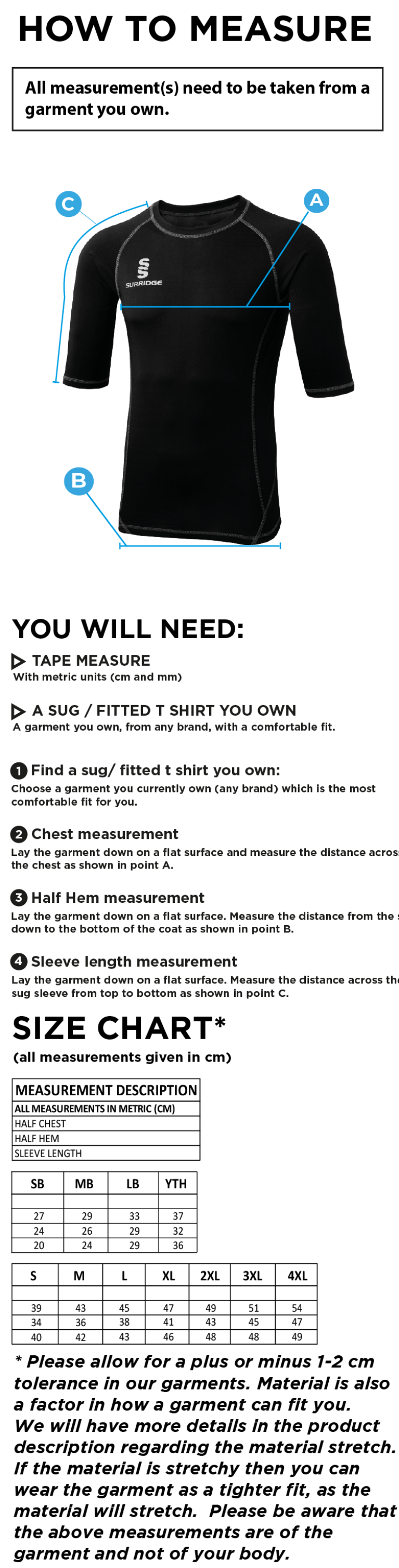 Walton le Wolds CC - Premier Short Sleeve Sug - Size Guide