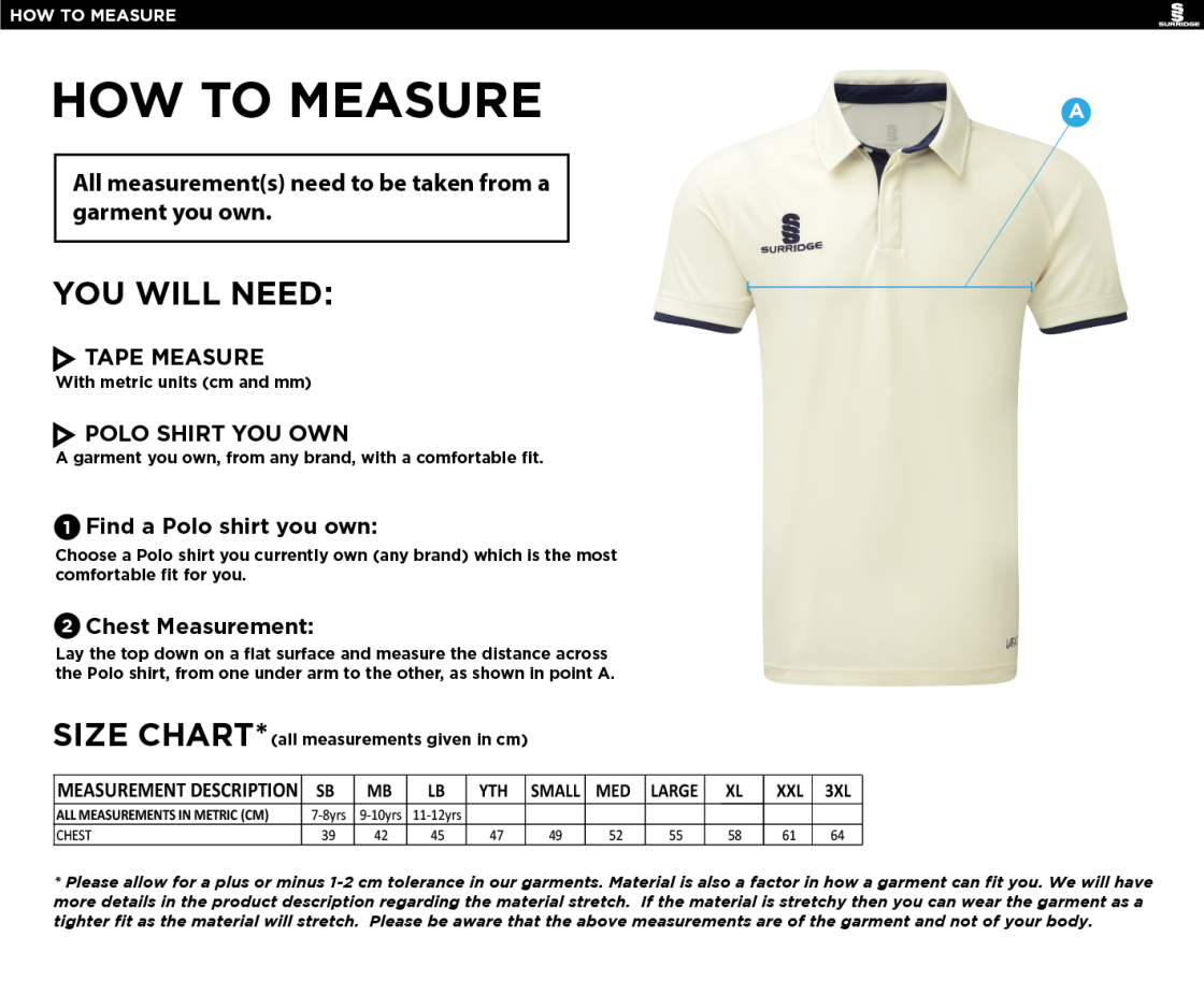Walton le Wolds CC - Ergo Short Sleeve Green Trim Shirt - Size Guide
