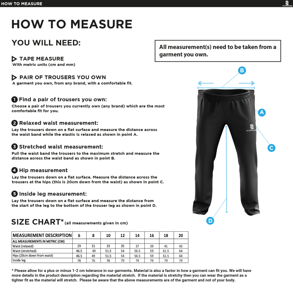 Walton le Wolds CC - Women's Poplin Track Pant - Size Guide