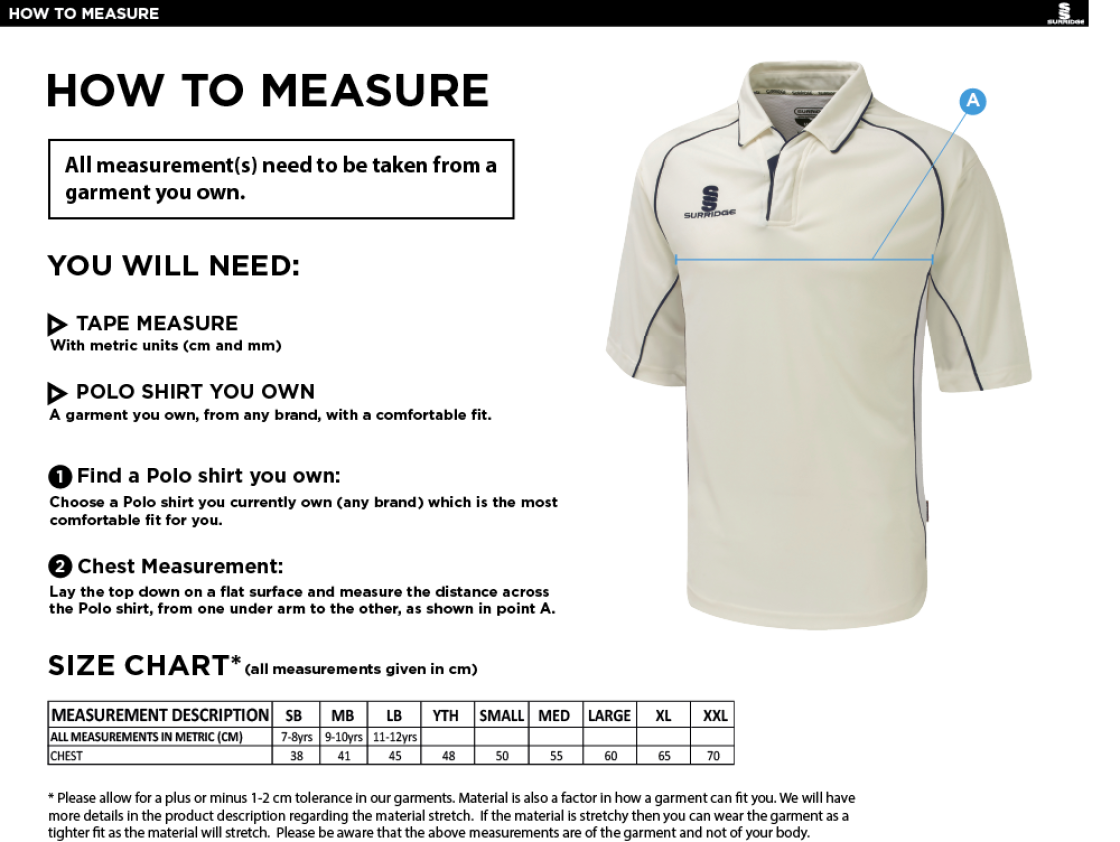 Walton le Wolds CC - Premier 3/4 Sleeve Green Trim Shirt - Size Guide