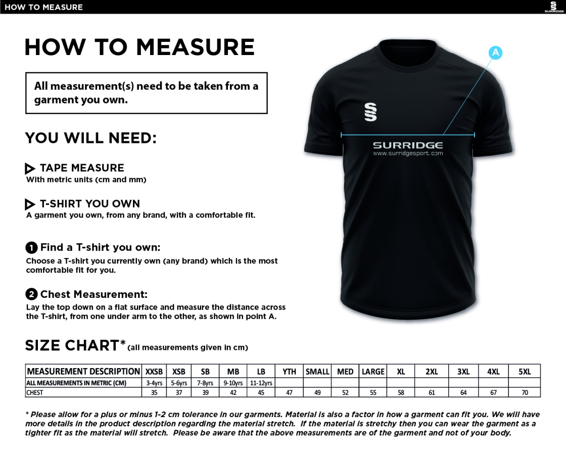 Walton le Wolds CC - Blade T-shirt - Size Guide