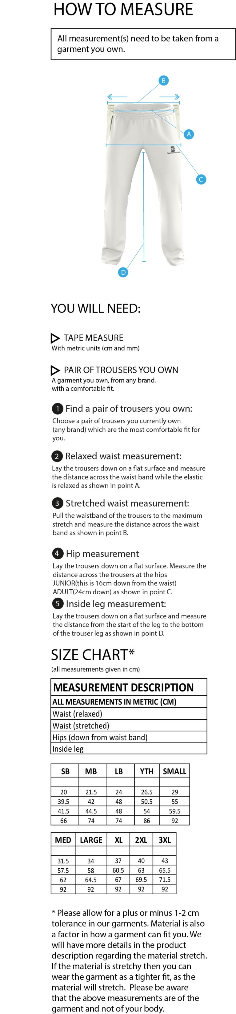 Walton Le Wolds CC - Standard Playing Pant - Size Guide