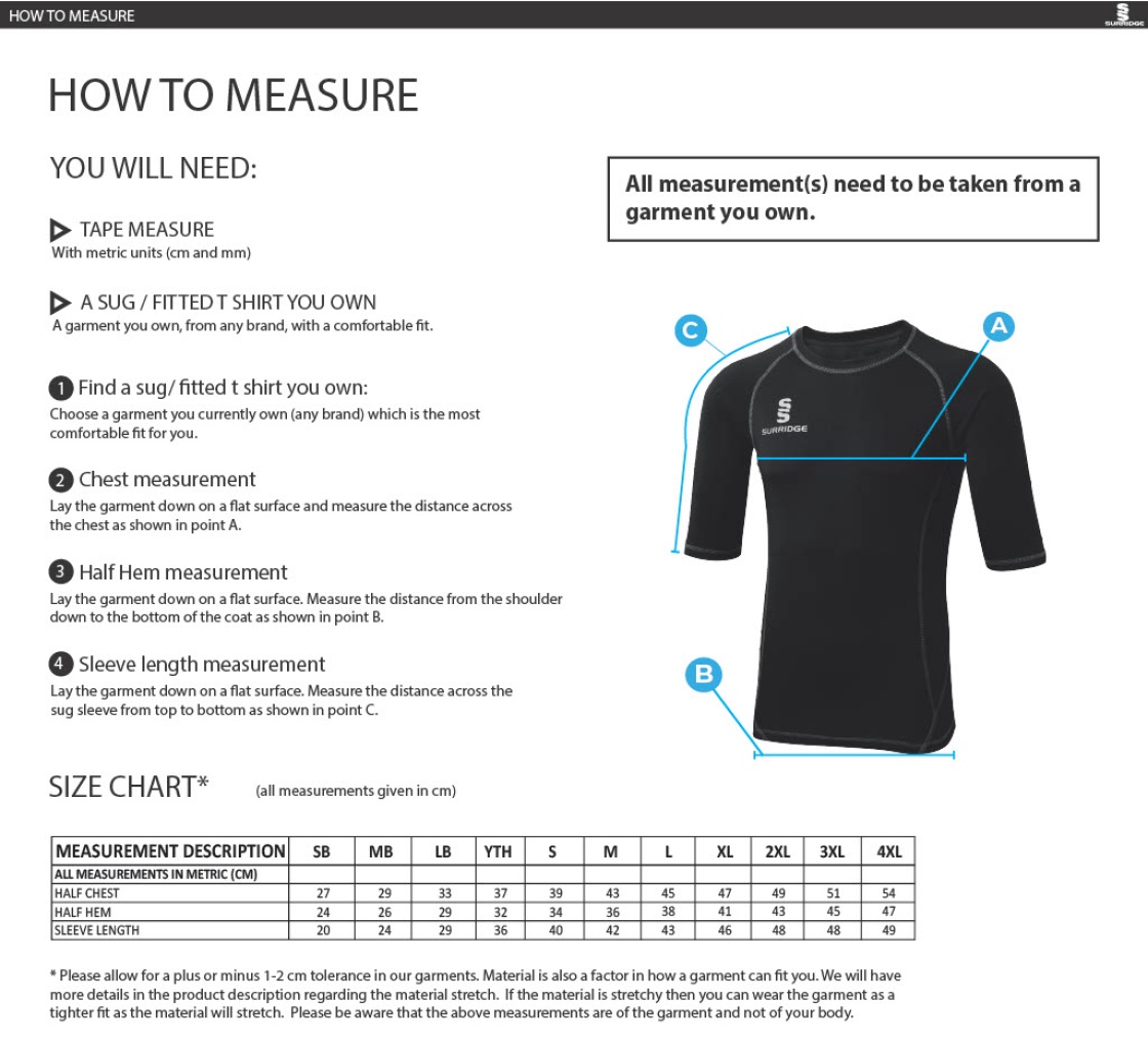Walton le Wolds CC - Premier Short Sleeve Sug - Size Guide
