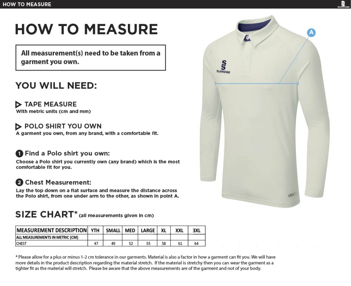 Walton le Wolds CC - Ergo Long Sleeve Green Trim Shirt - Size Guide