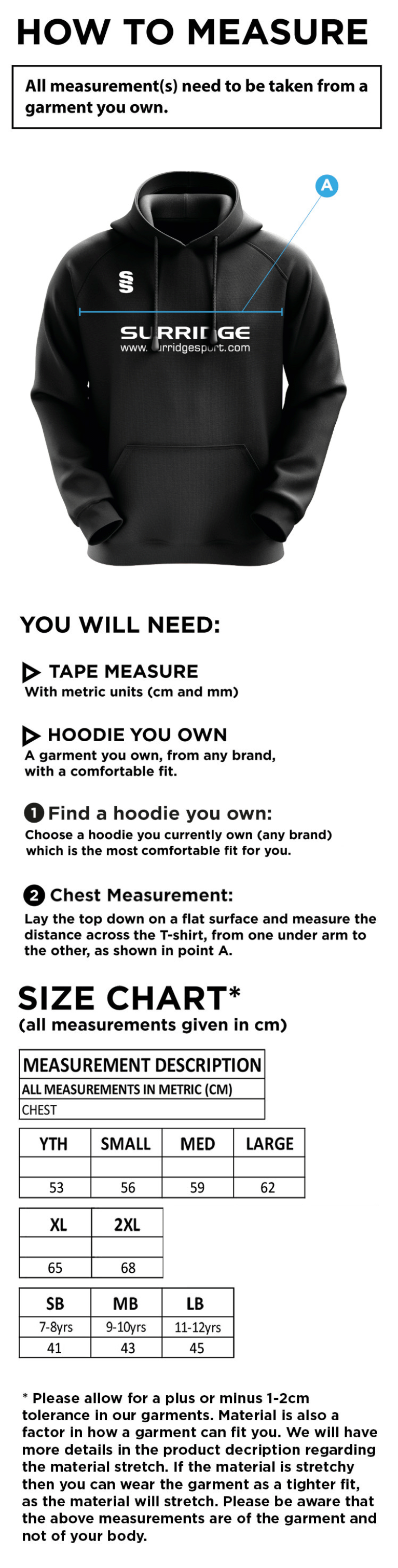 Walton le Wolds CC - Blade Hoody - Size Guide