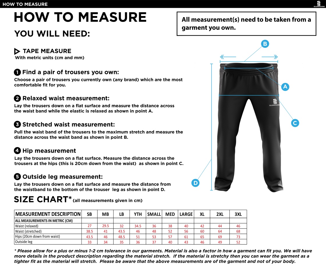 Walton le Wolds CC - Ripstop Track Pant - Size Guide