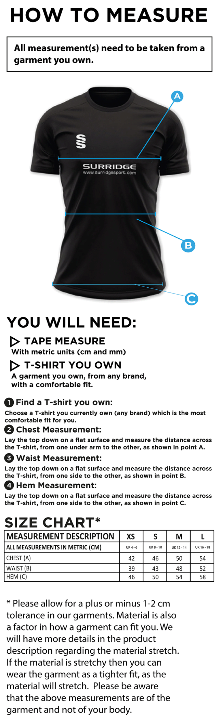 Walton Le Wolds CC - Women's Blade Polo - Size Guide