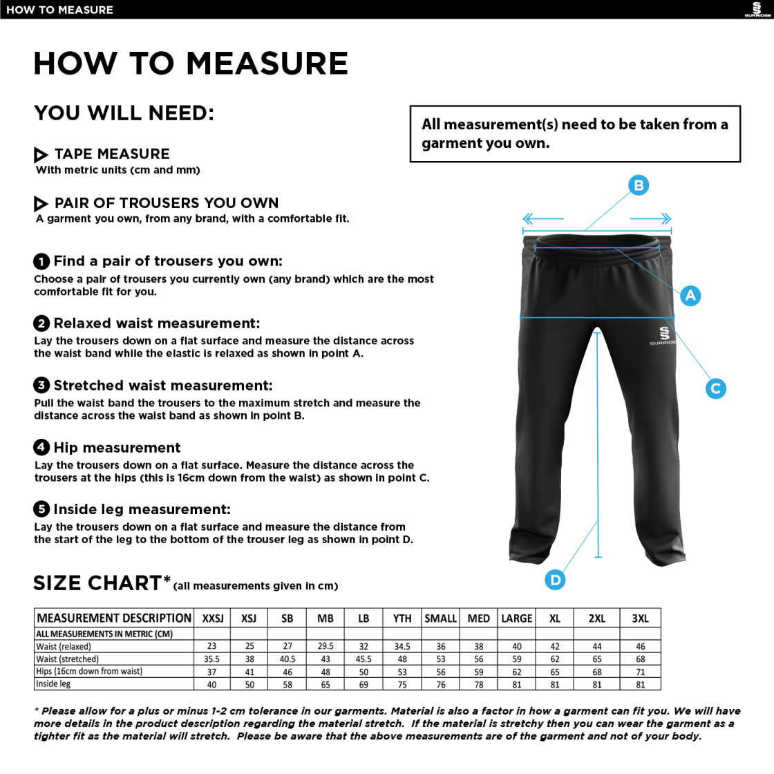 Walton le Wolds CC - Poplin Track Pant - Size Guide