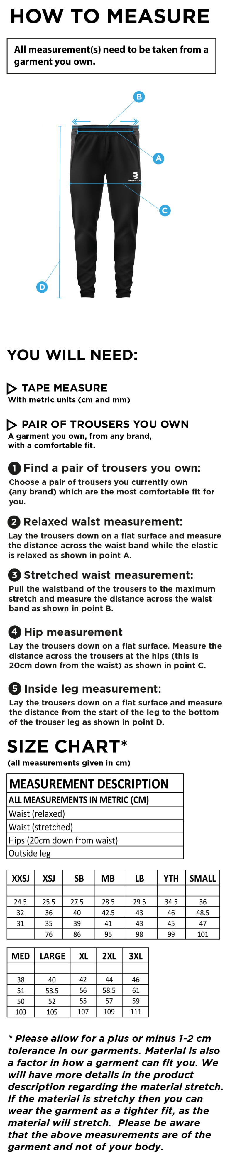 Walton le Wolds CC - Tek Slim Pant - Size Guide