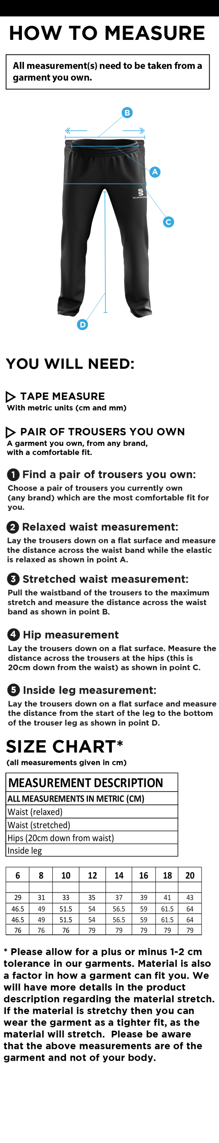 Walton le Wolds CC - Women's Poplin Track Pant - Size Guide