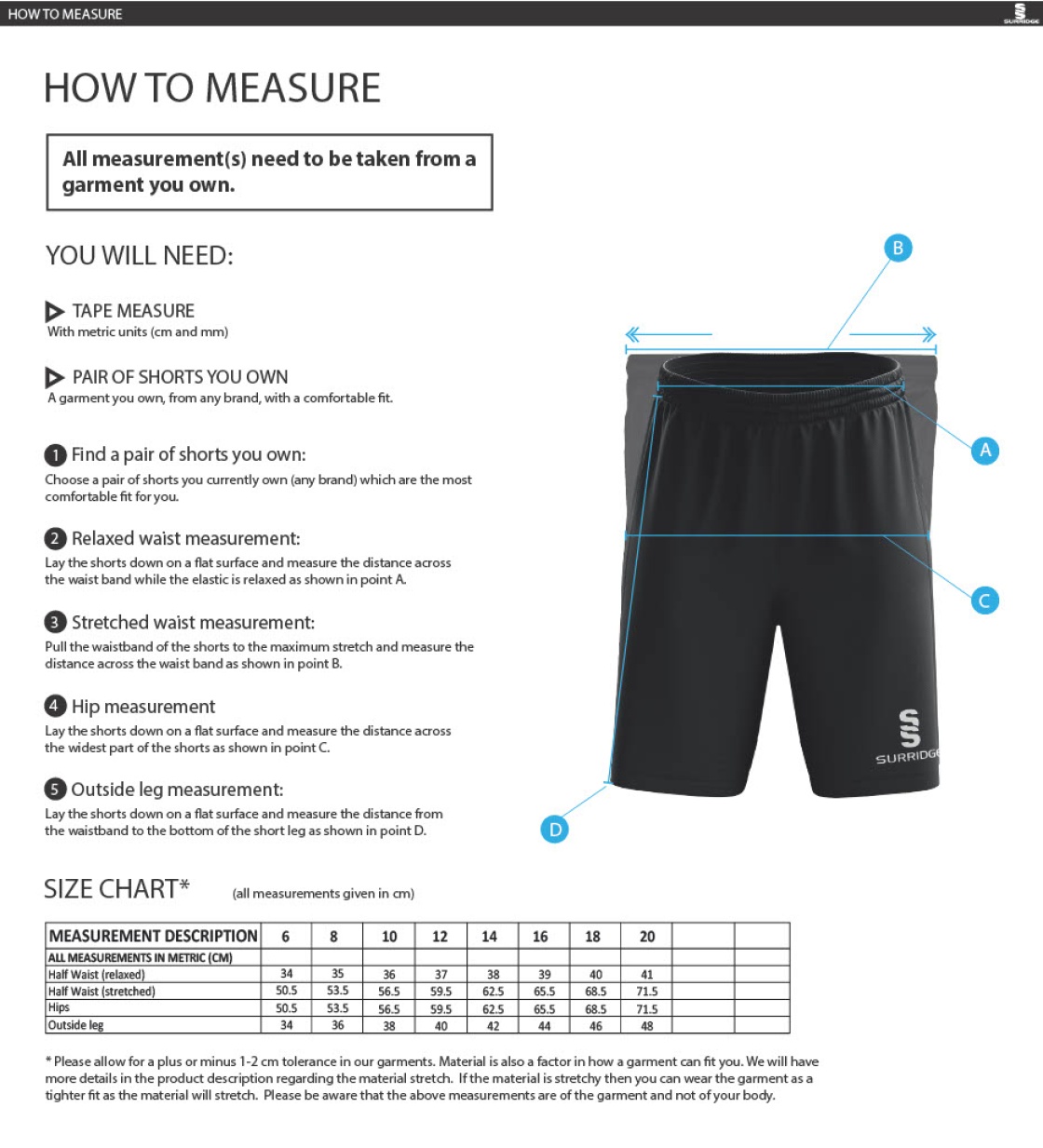 Walton le Wolds CC - Women's Ripstop Short - Size Guide