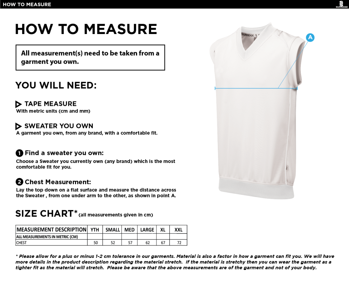 Walton le Wolds CC - Sleeveless Sweater Green Trim - Size Guide