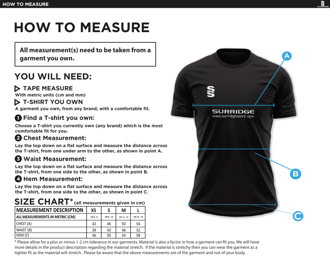 Walton Le Wolds CC - Women's Blade Polo - Size Guide