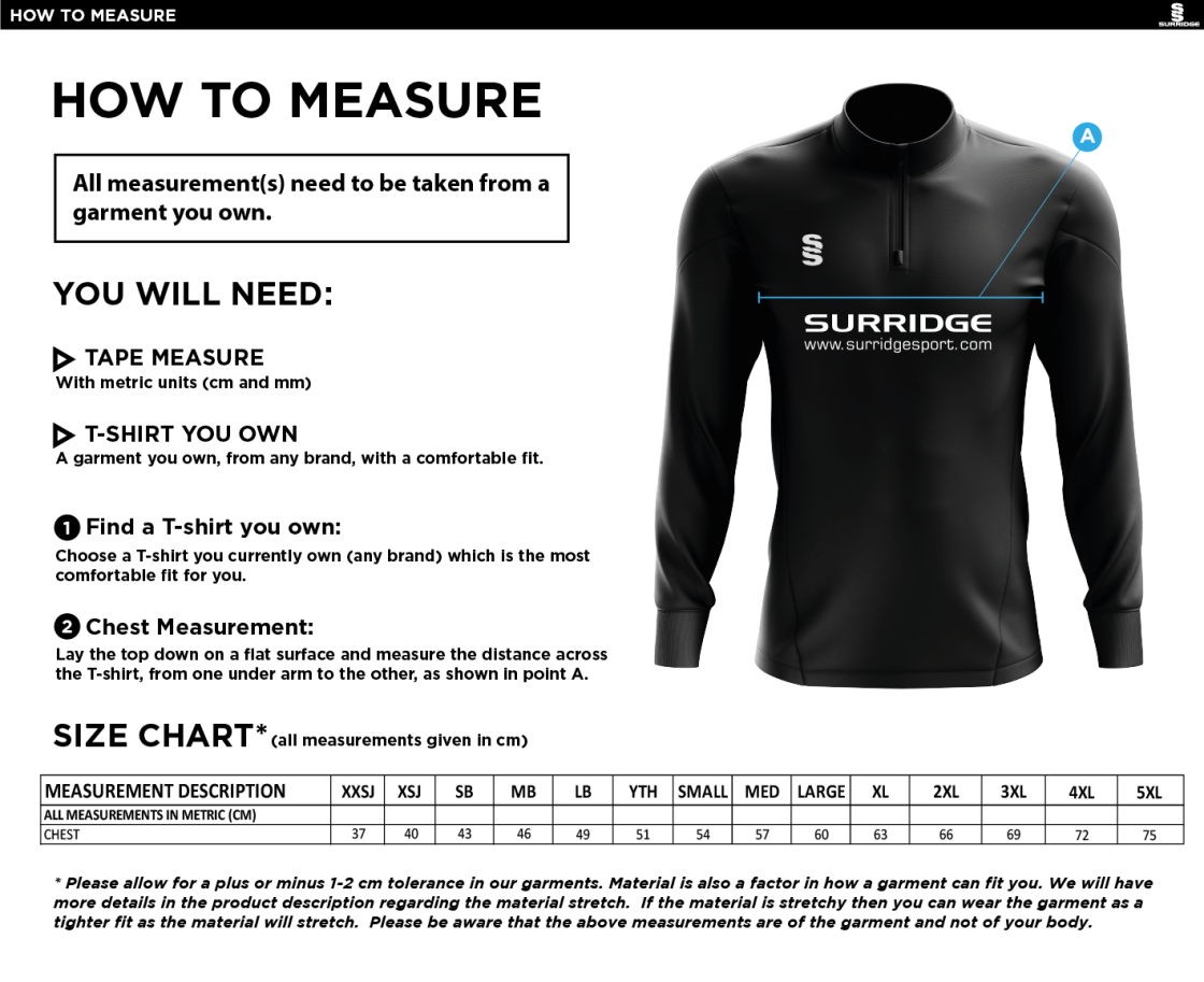 Walton Le Wolds CC - Blade Performance Top - Size Guide