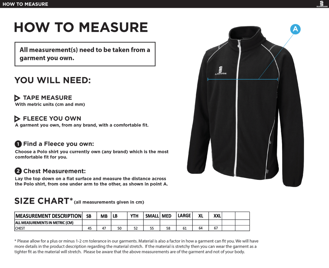 Walton Le Wolds CC - Full Zip Fleece Jacket - Size Guide
