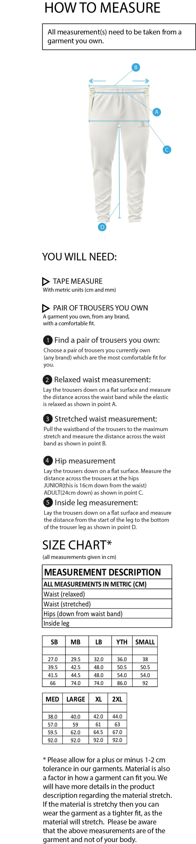 Walton Le Wolds CC - Ergo Playing Pant - Size Guide