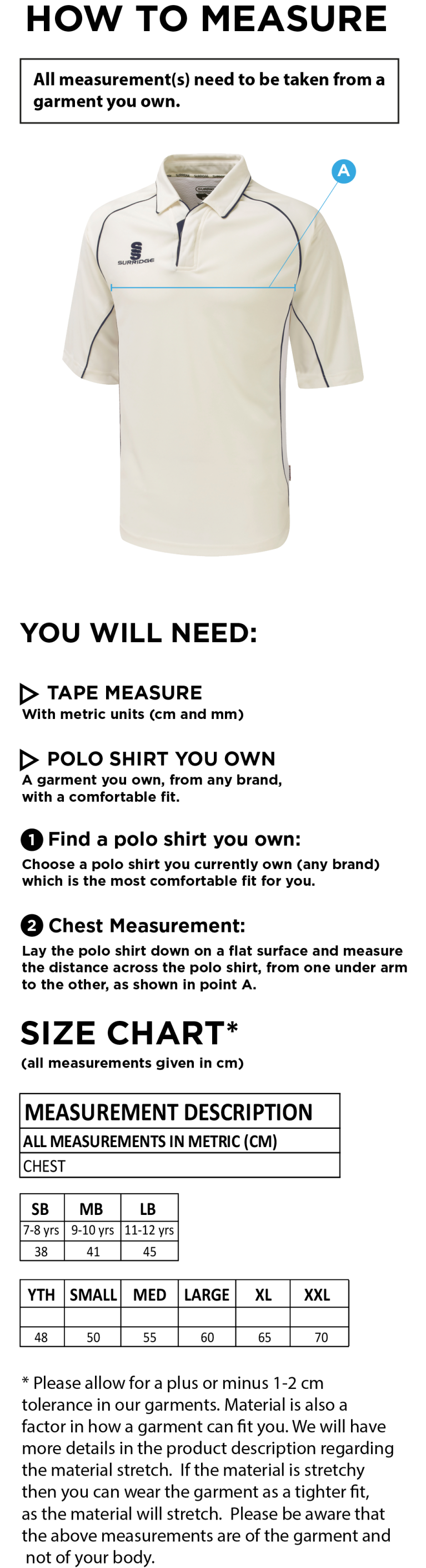 Walton le Wolds CC - Premier 3/4 Sleeve Green Trim Shirt - Size Guide