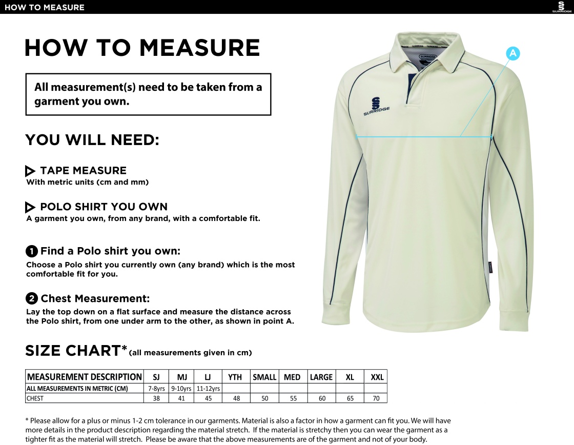 Walton le Wolds CC - Premier Long Sleeve Green Trim Shirt - Size Guide