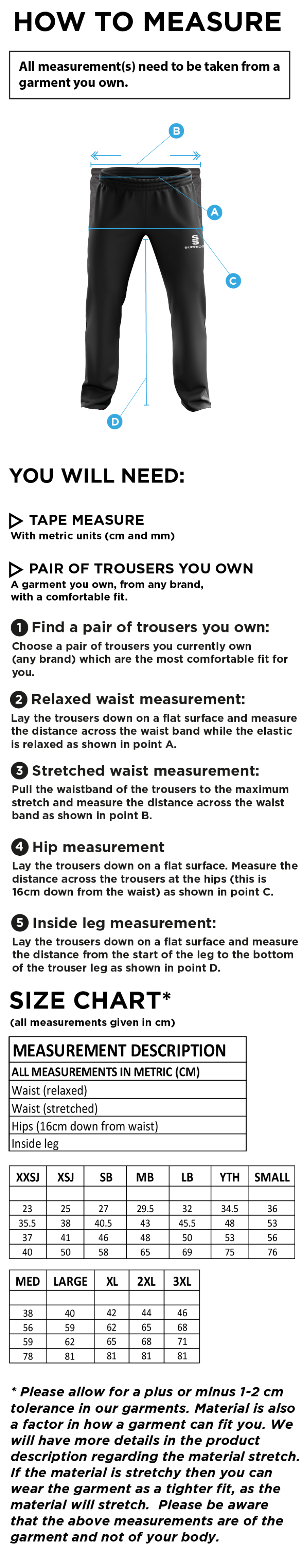 Walton le Wolds CC - Poplin Track Pant - Size Guide