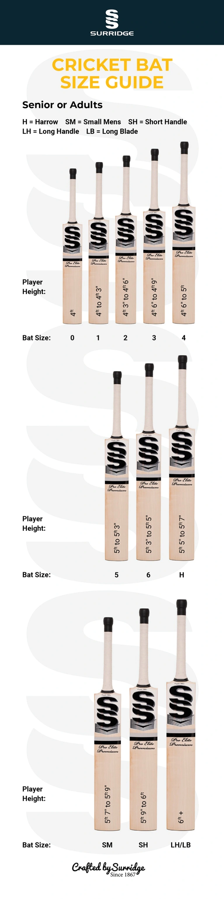 SS PRO ELITE PREMIUM BAT - Grade 1+ - Size Guide