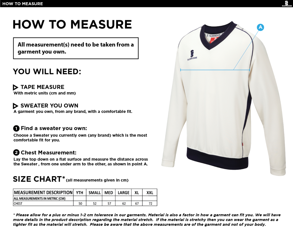 Walton le Wolds CC - Long Sleeve Sweater Green Trim - Size Guide